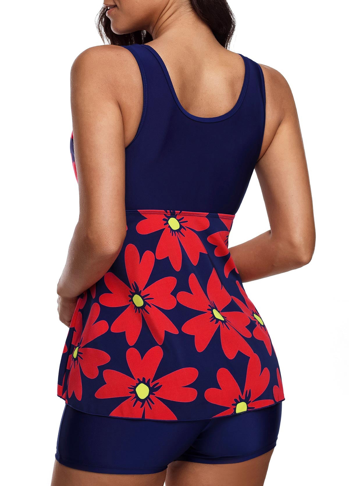 Flower Print Round Neck Navy Tankini Set