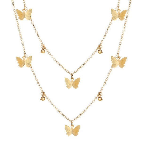 18K Gold Butterfly Choker Double Layer Necklace.