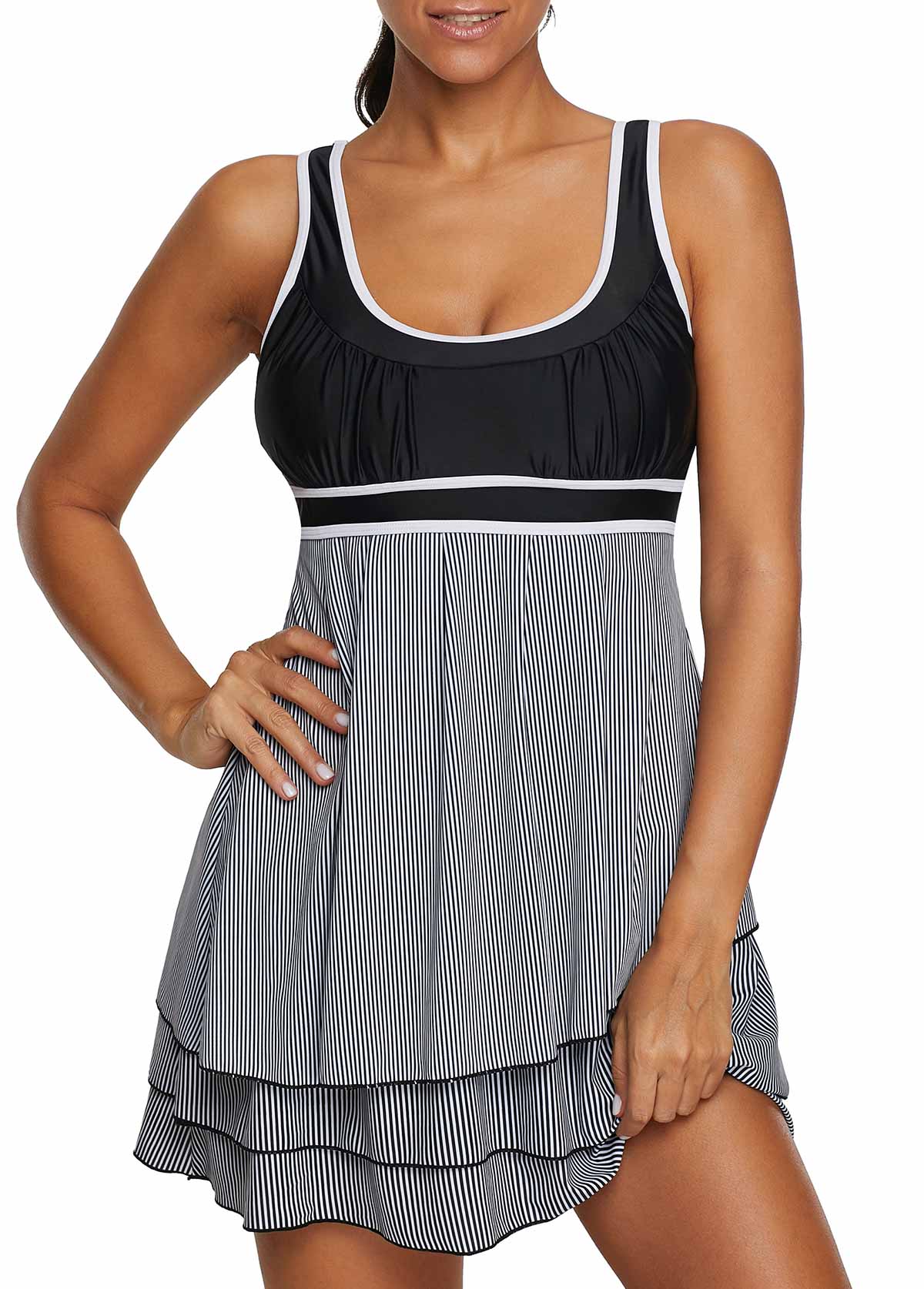 Contrast Piping Scoop Back Layered Swimdress and Shorts