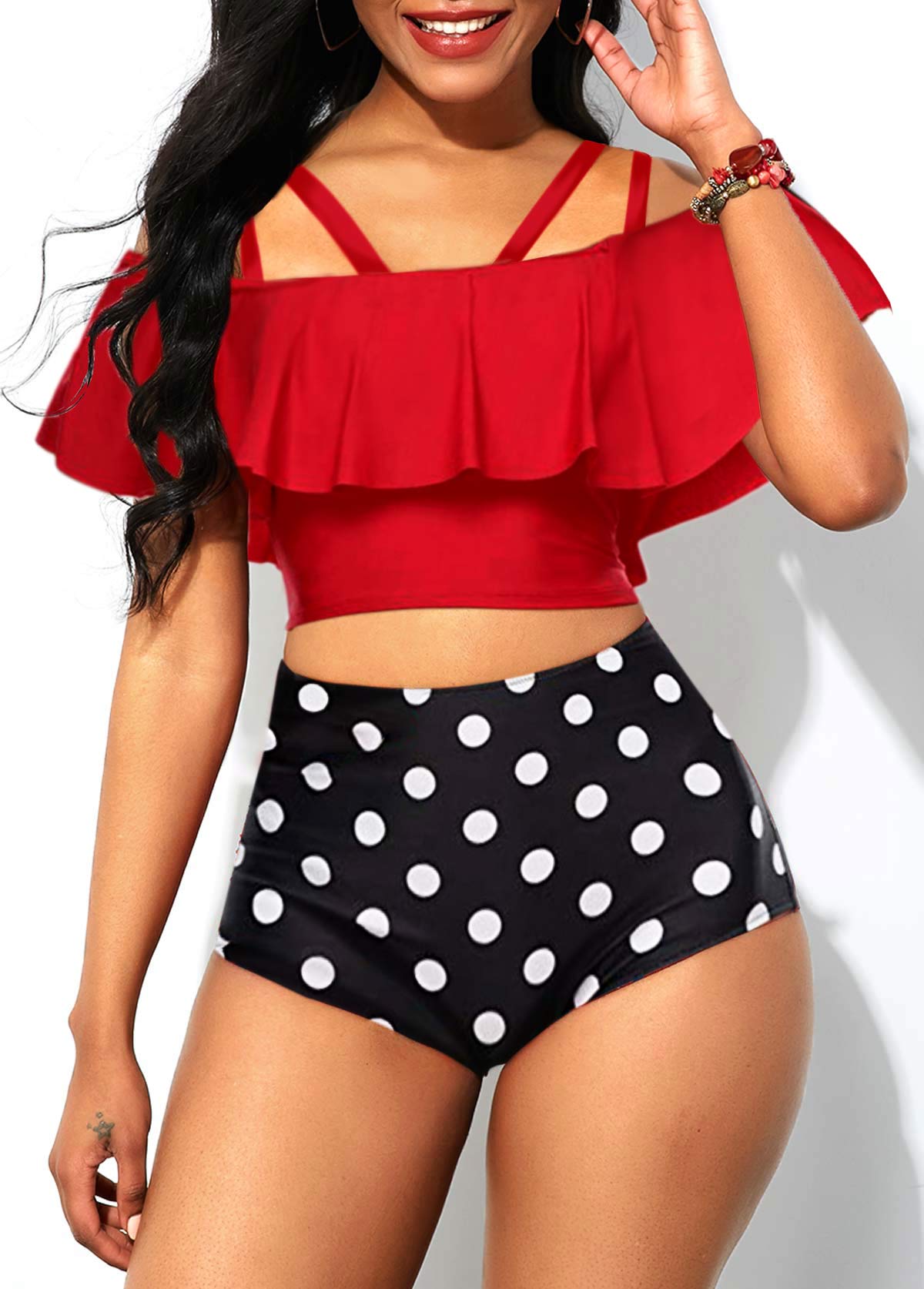 Polka Dot Print Ruffle Overlay High Waisted Bikini Set