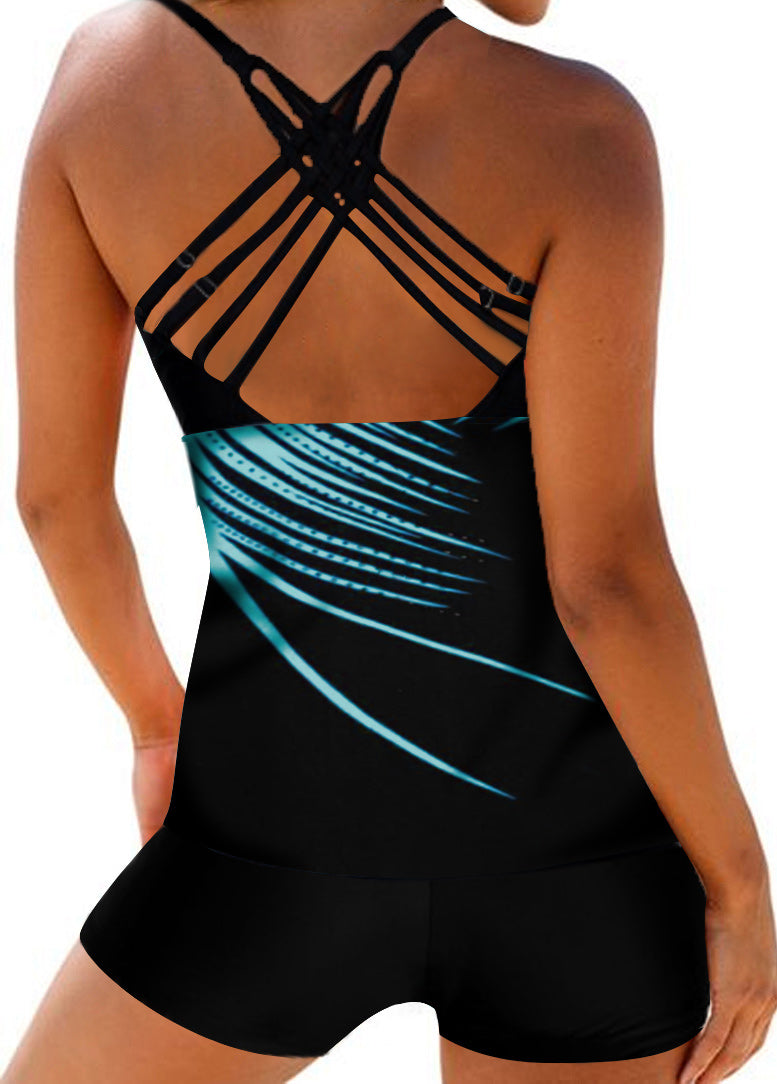 Strappy Back Palm Leaf Print Tankini Set