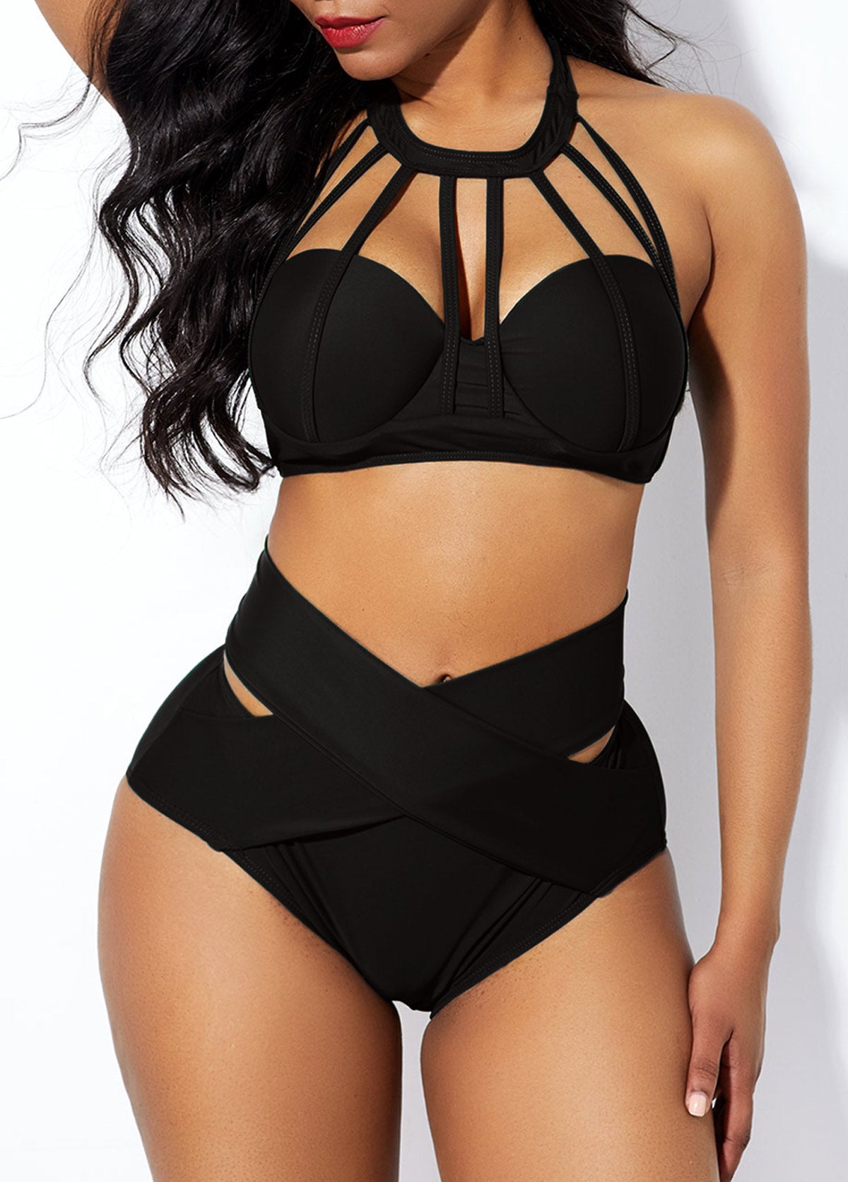 High Waist Cage Neck Cross Front Bikini Set