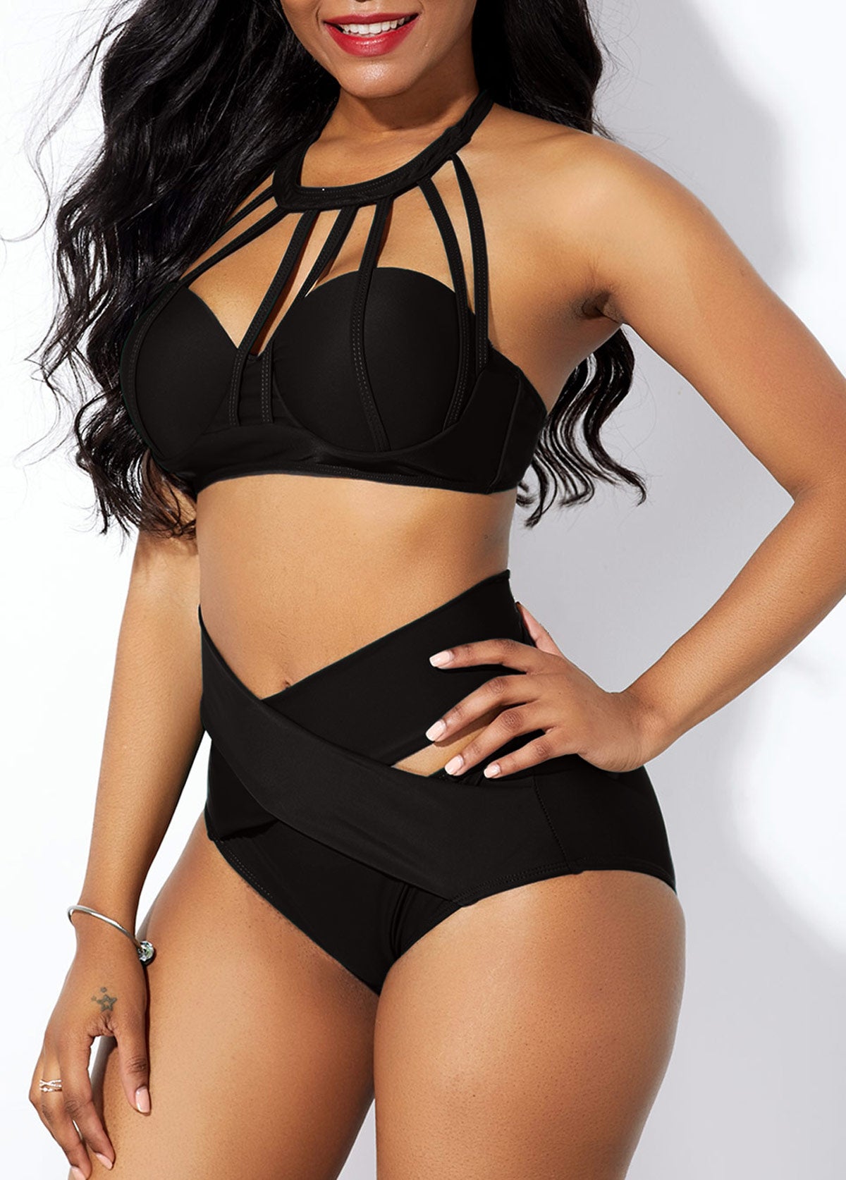 High Waist Cage Neck Cross Front Bikini Set