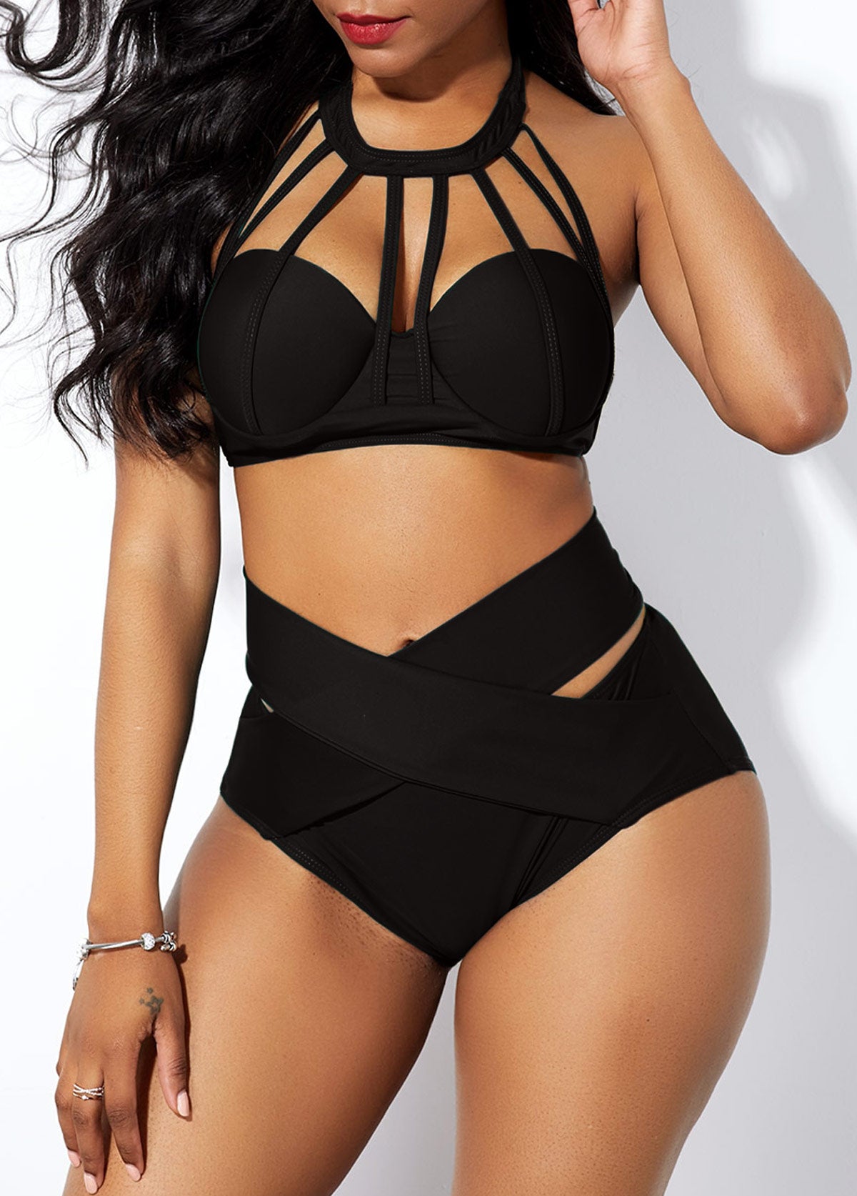 High Waist Cage Neck Cross Front Bikini Set