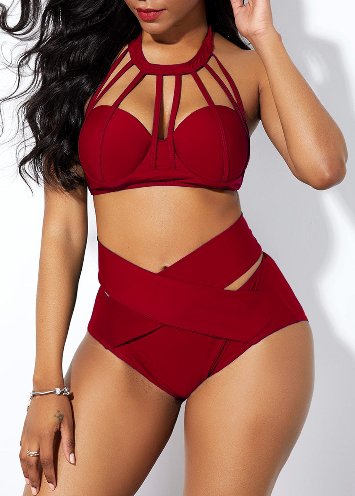 High Waist Cage Neck Cross Front Bikini Set