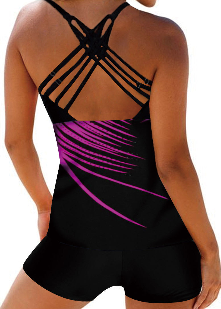 Strappy Back Palm Leaf Print Tankini Set