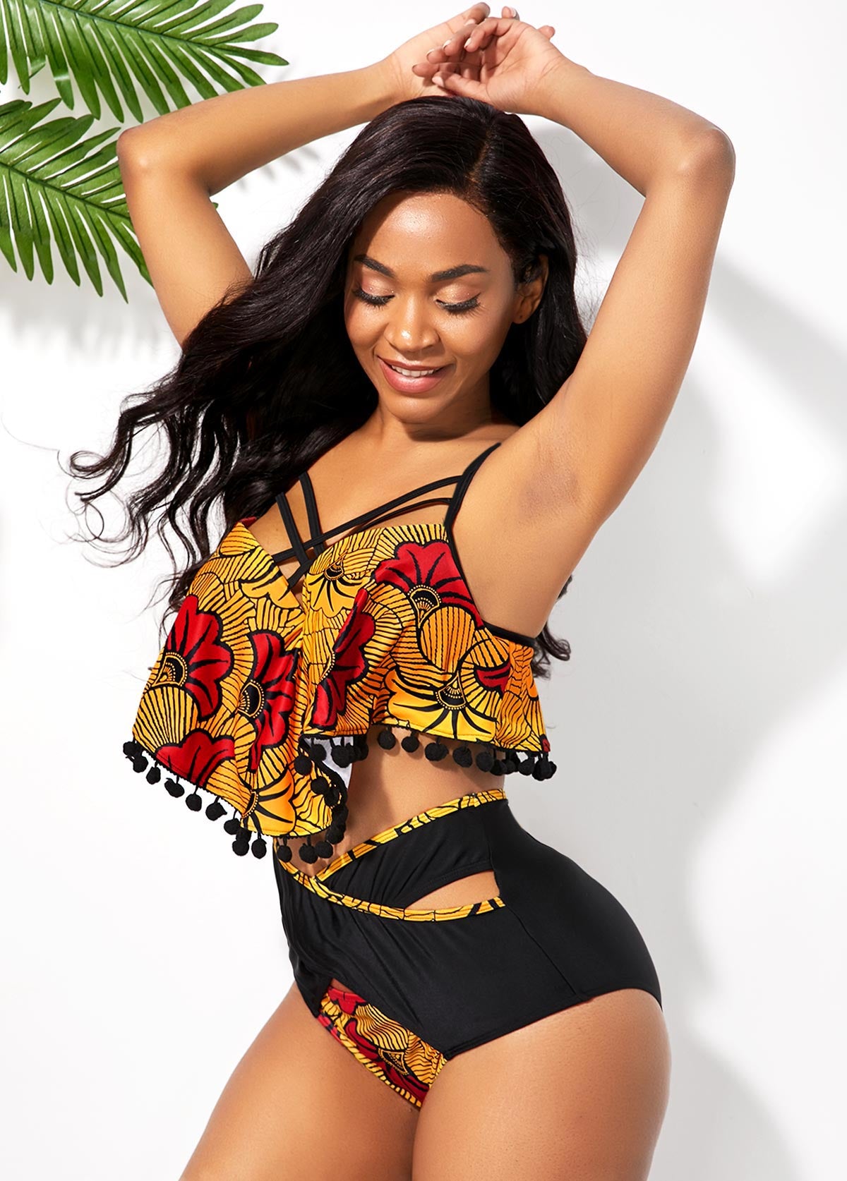 Pom Pom High Waist Tribal Print Bikini Set