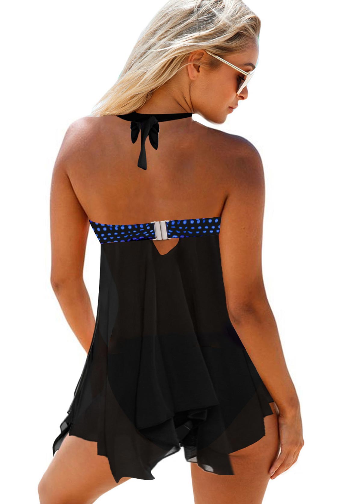 Asymmetric Hem Dot Print Halter Neck Swimdress and Panty