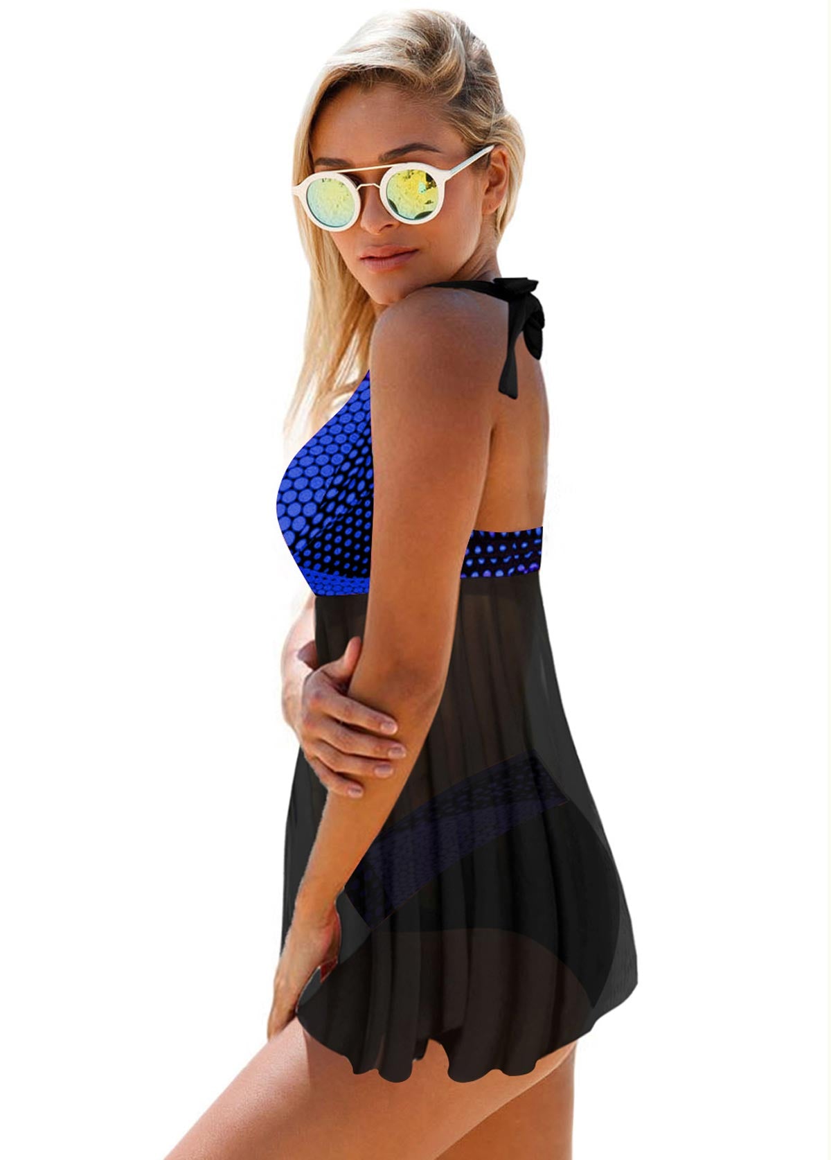 Asymmetric Hem Dot Print Halter Neck Swimdress and Panty