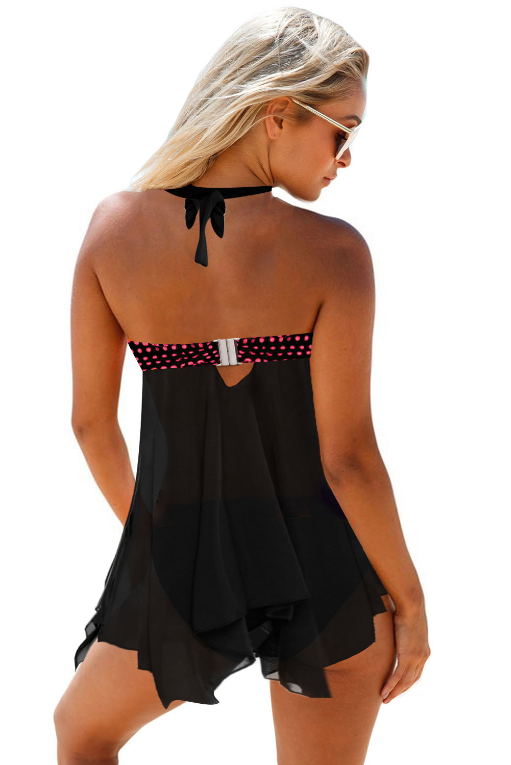Asymmetric Hem Dot Print Halter Neck Swimdress and Panty