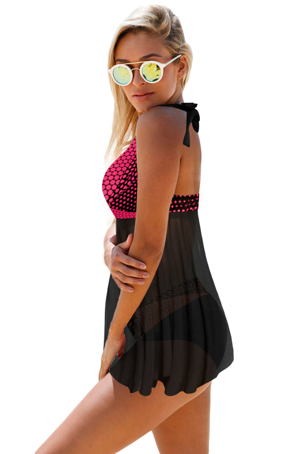 Asymmetric Hem Dot Print Halter Neck Swimdress and Panty