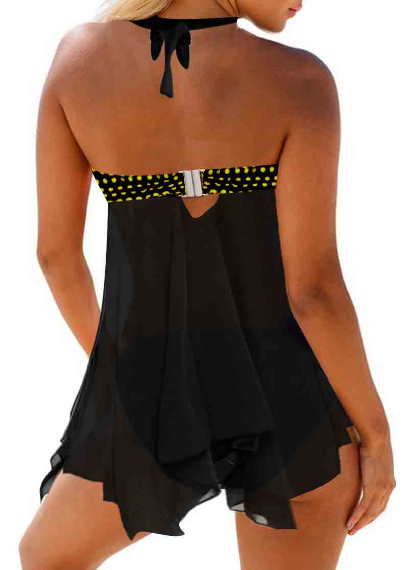 Asymmetric Hem Dot Print Halter Neck Swimdress and Panty