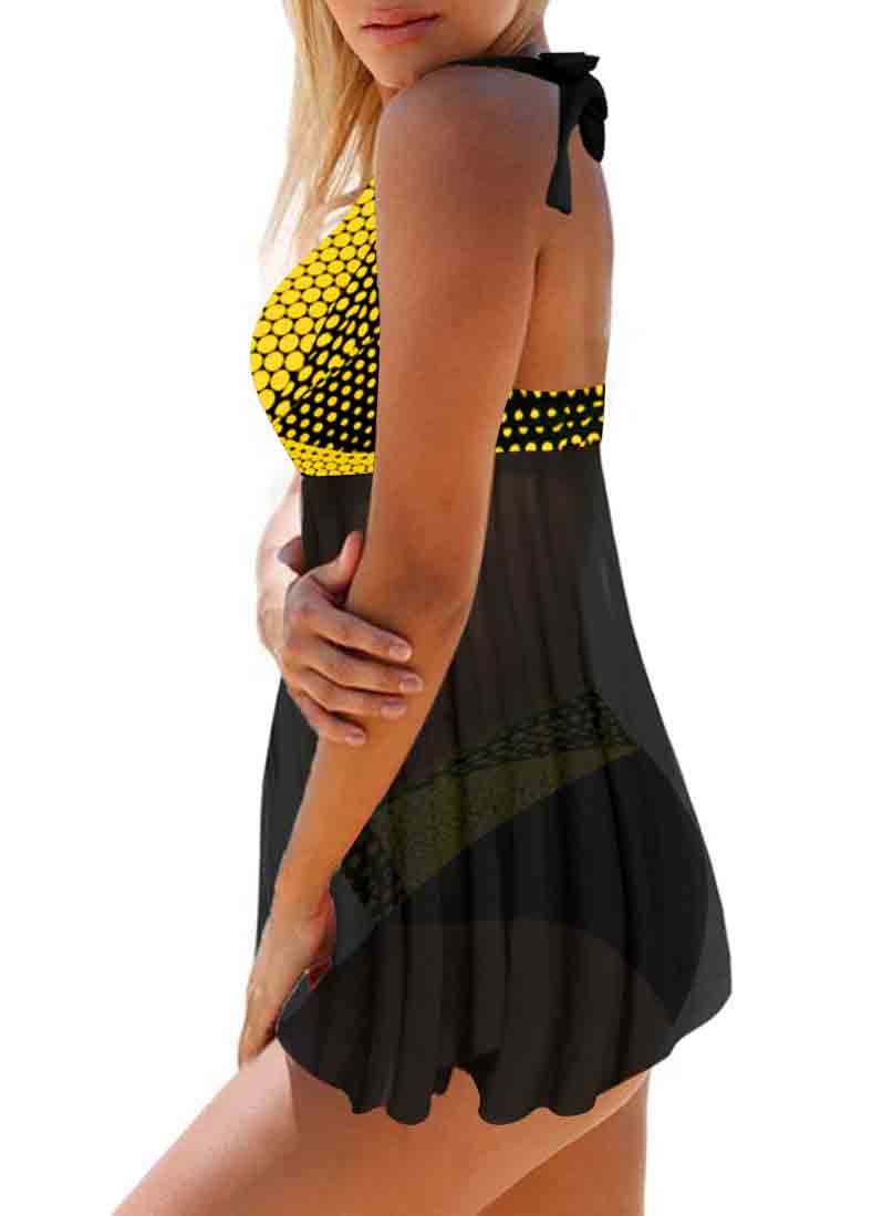 Asymmetric Hem Dot Print Halter Neck Swimdress and Panty