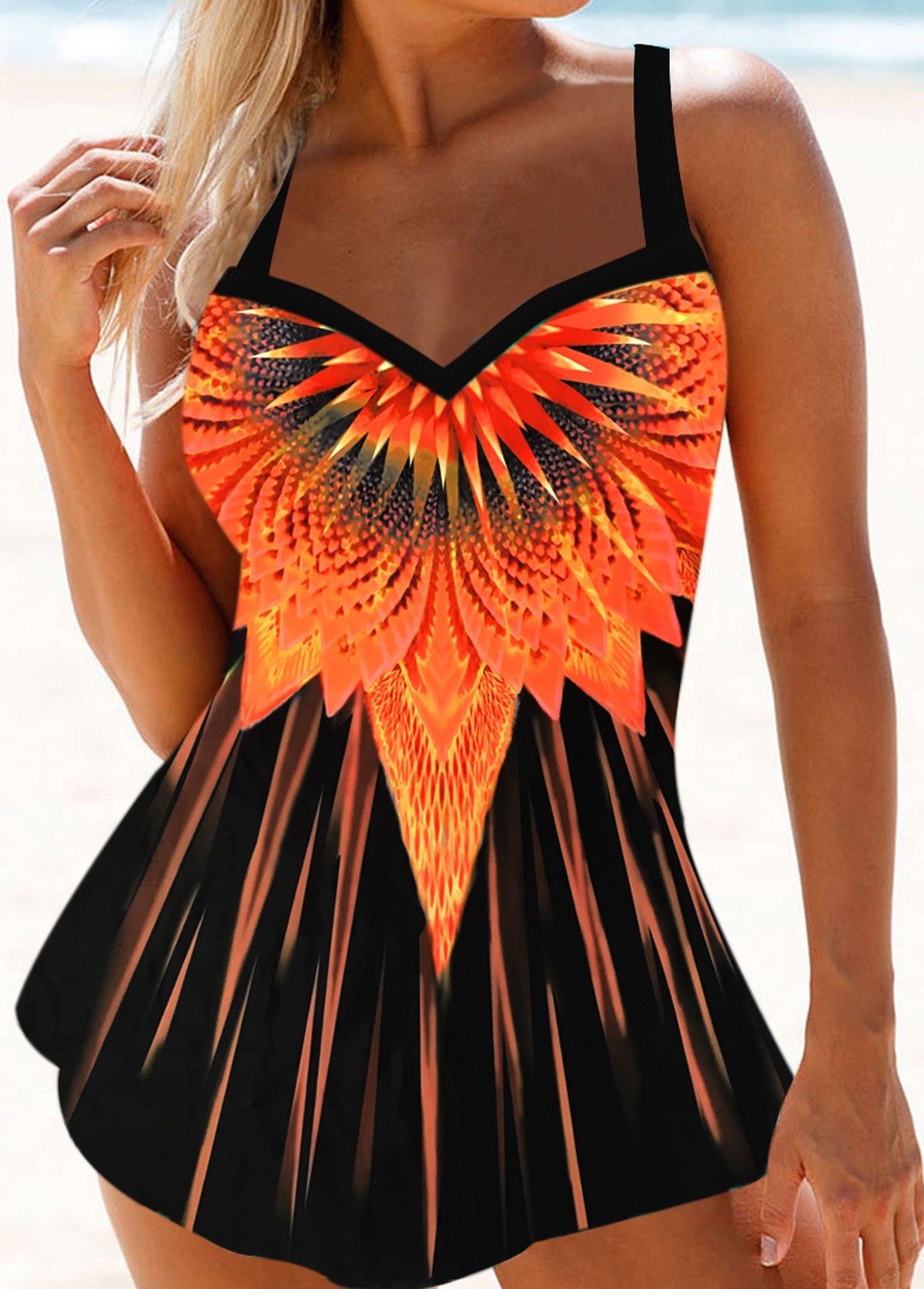 Orange Printed Spaghetti Strap Swimdress and Panty