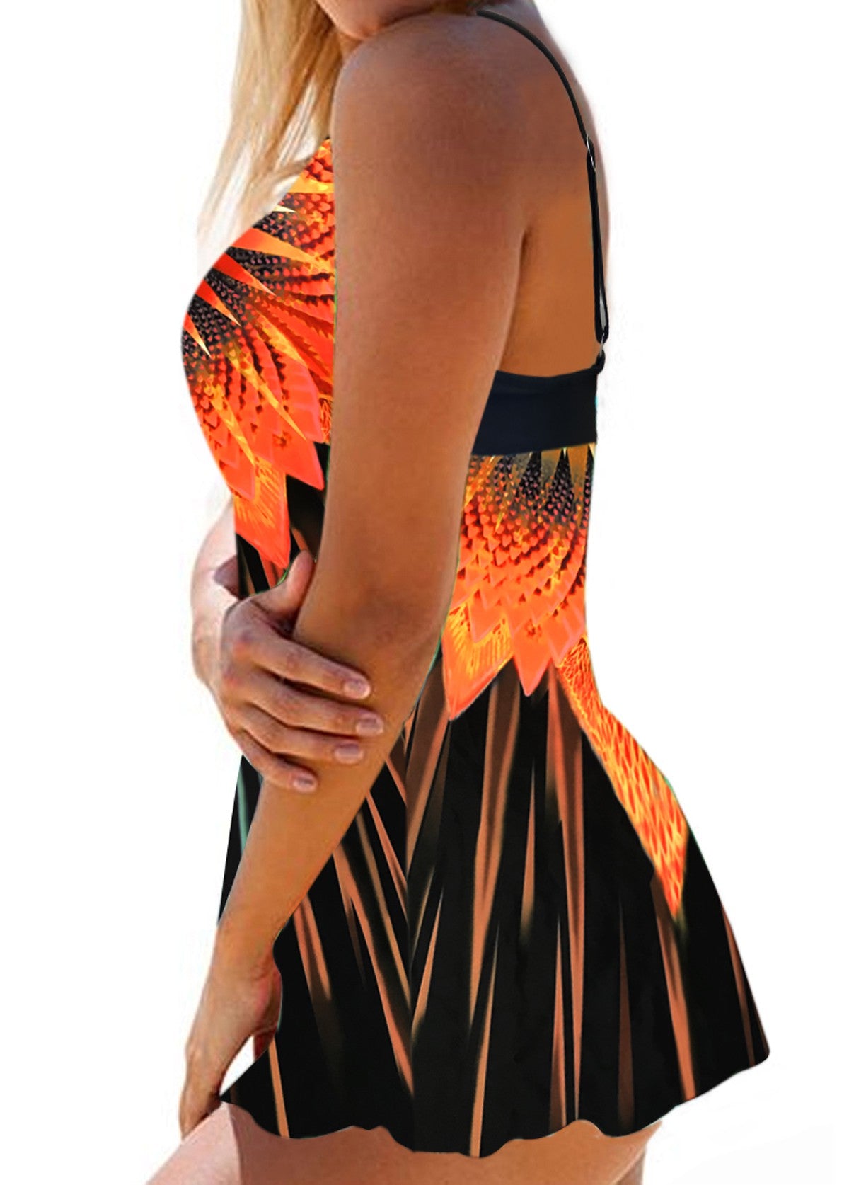 Orange Printed Spaghetti Strap Swimdress and Panty