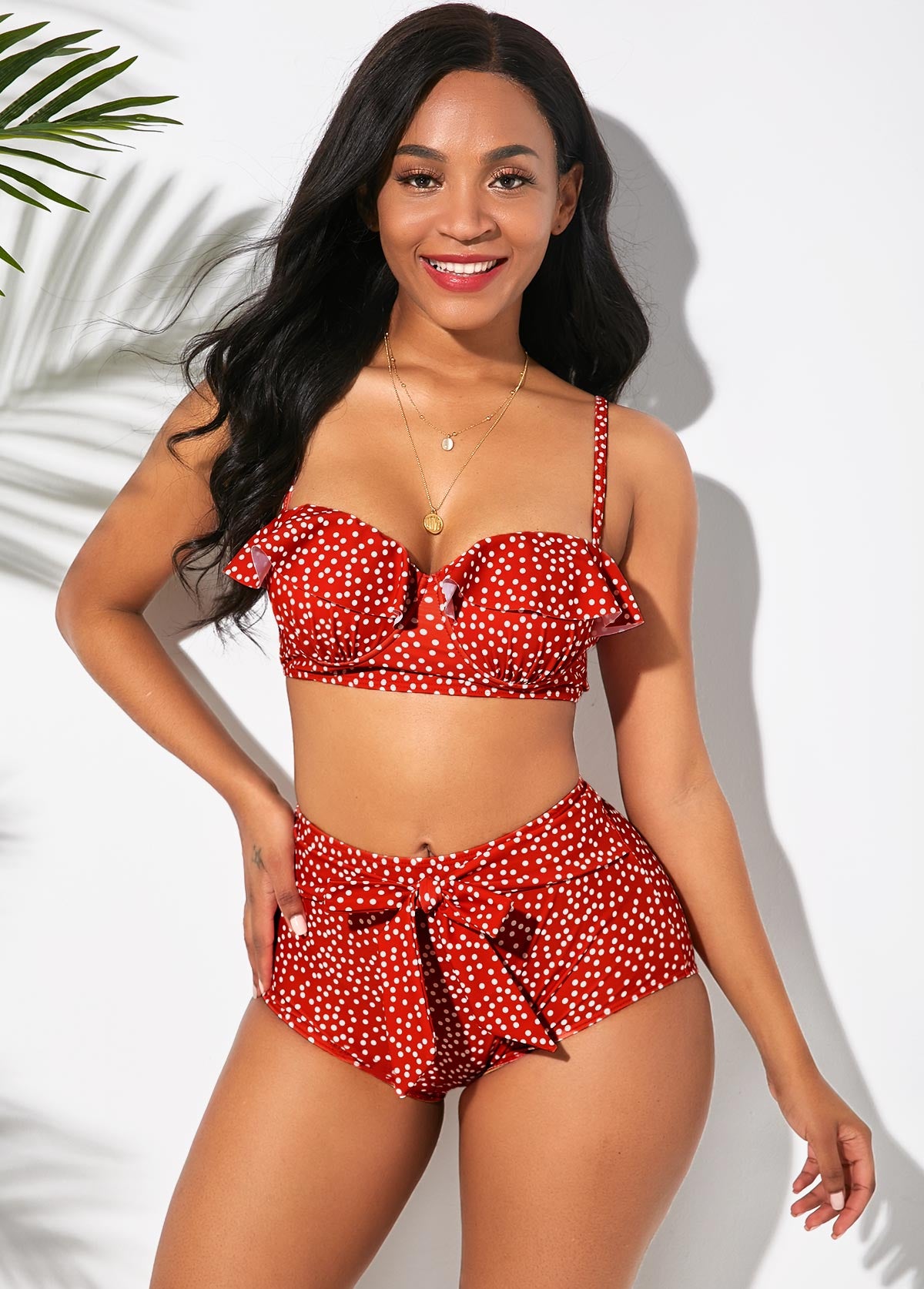 Polka Dot Ruffle Trim Bowknot Bikini Set