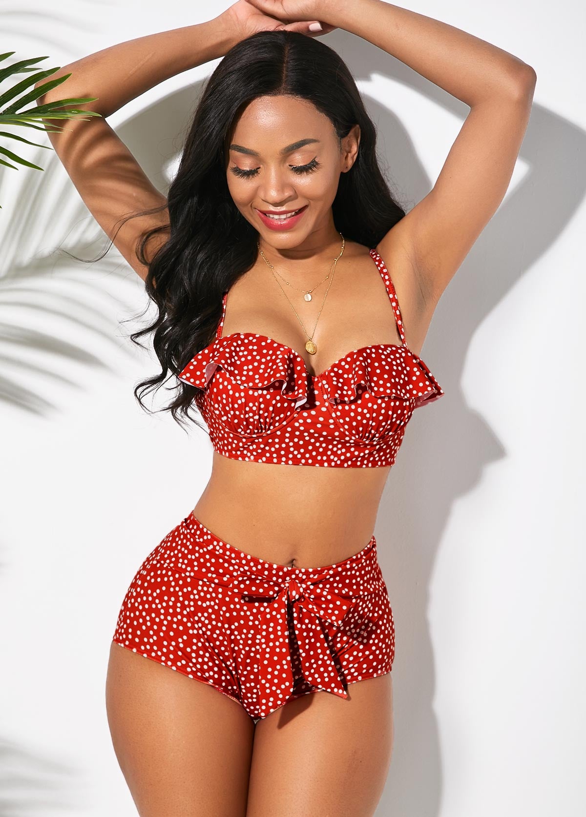 Polka Dot Ruffle Trim Bowknot Bikini Set