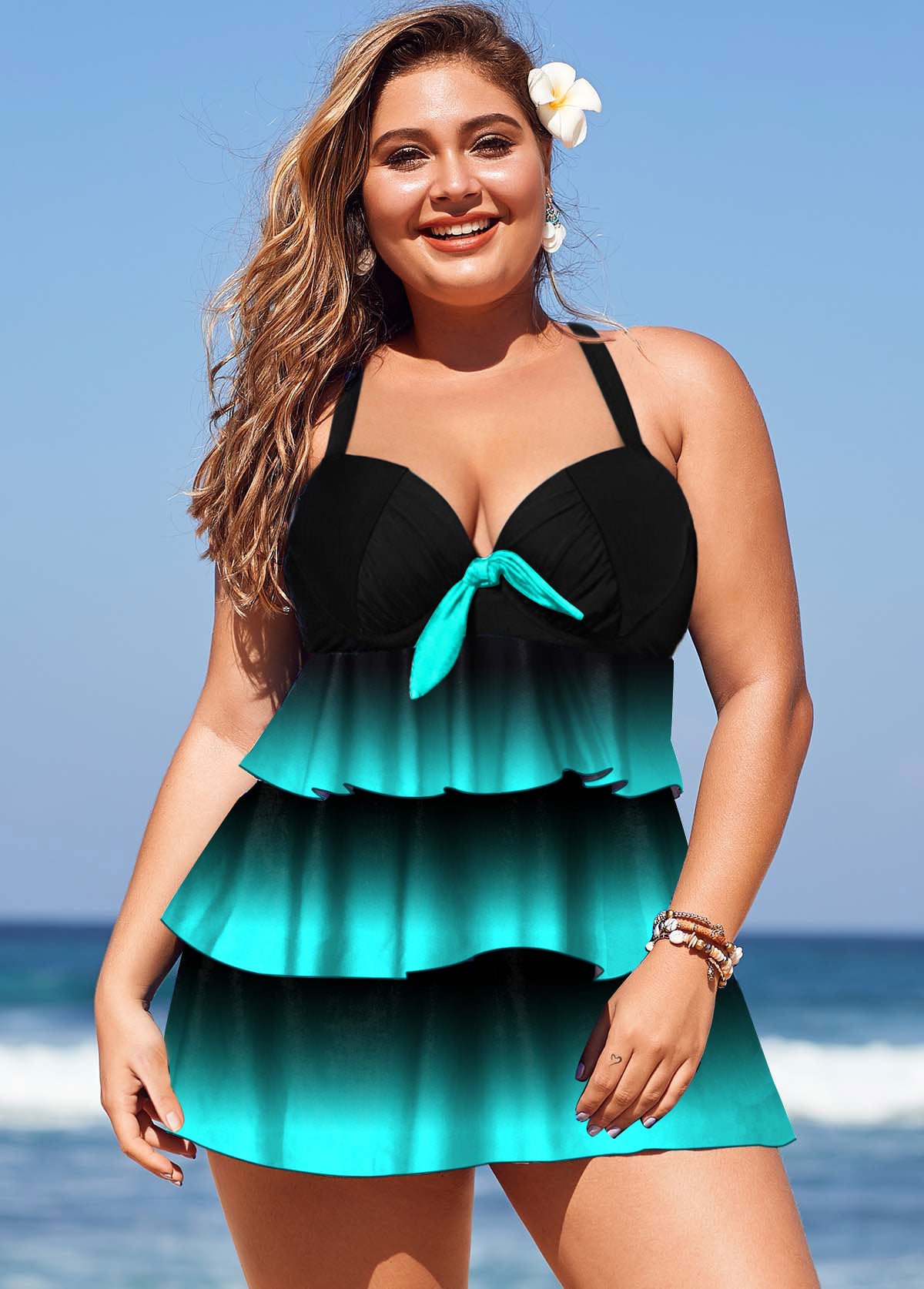 Gradient Plus Size Layered Hem Swimdress and Panty