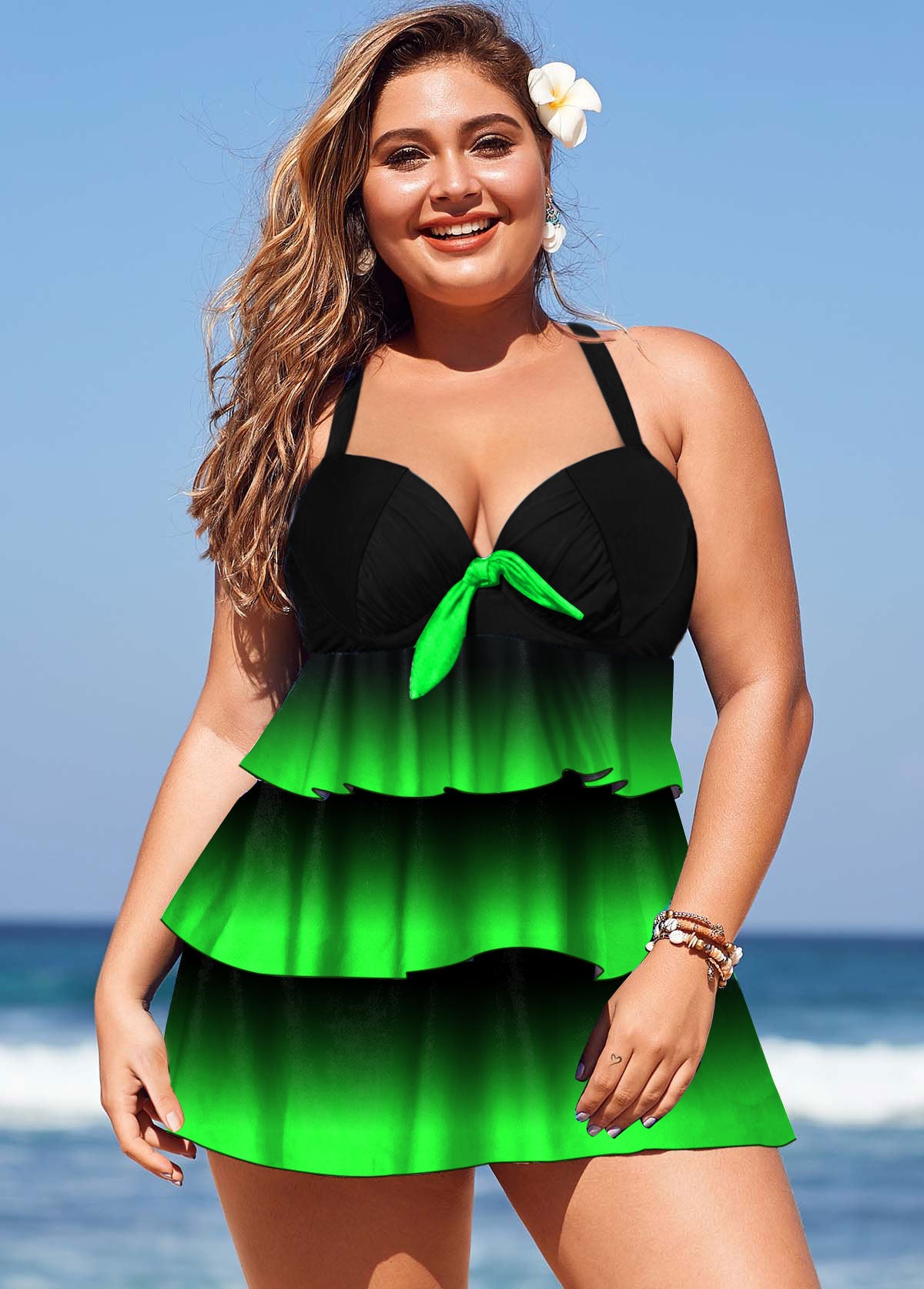 Gradient Plus Size Layered Hem Swimdress and Panty