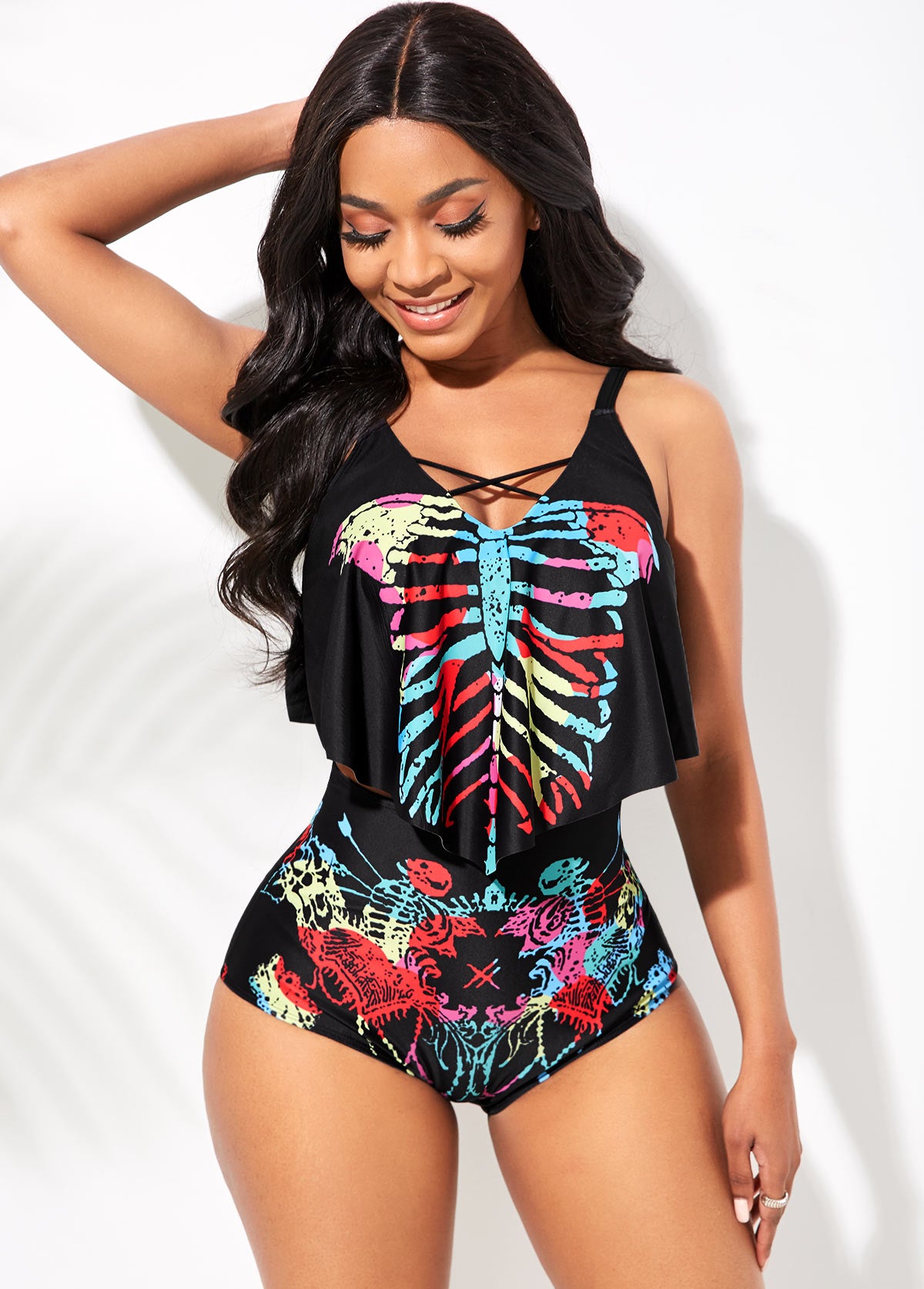 Cutout Neck High Waist Skeleton Print Bikini Set