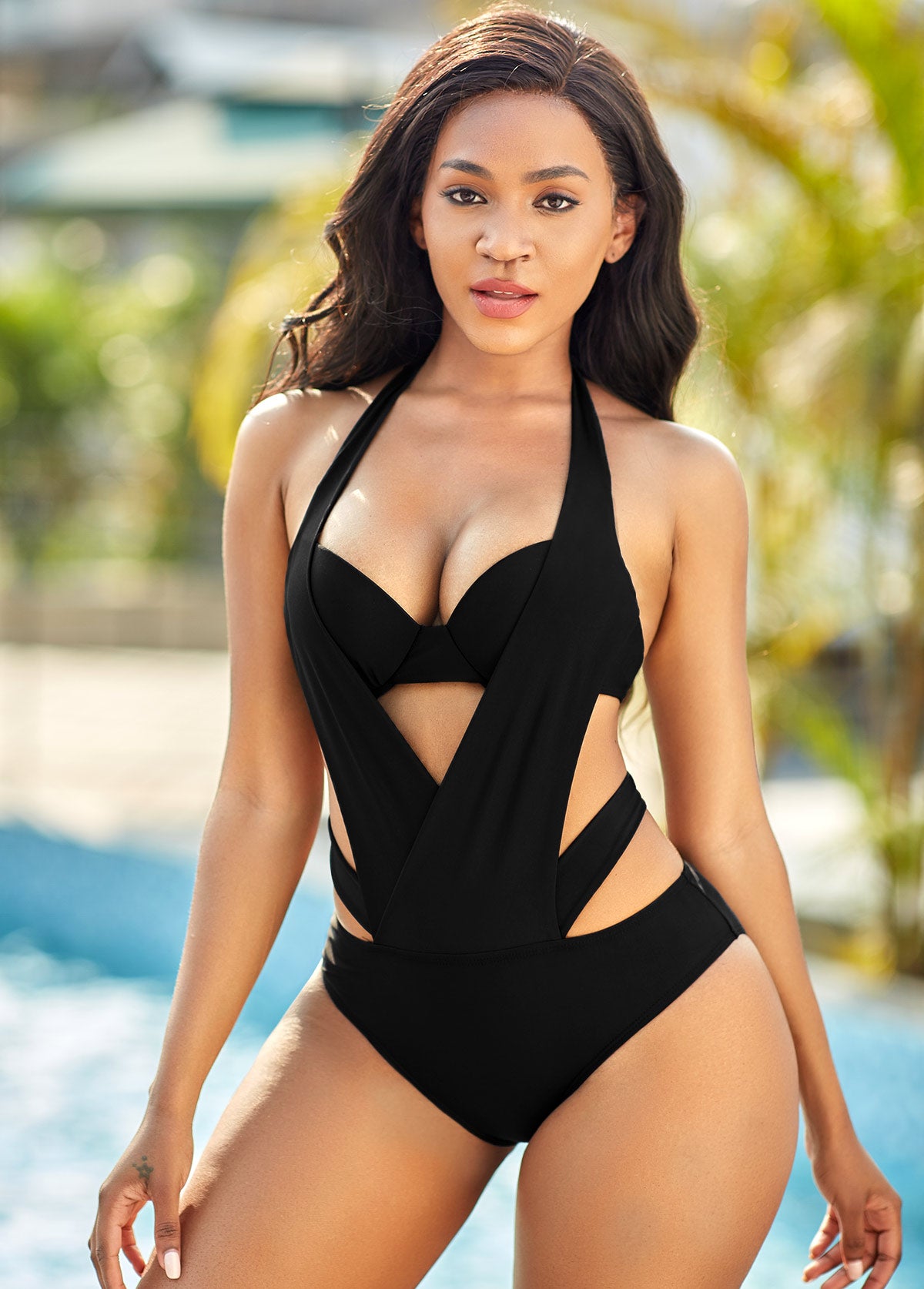 Halter Cutout Black Detail One Piece Swimwear