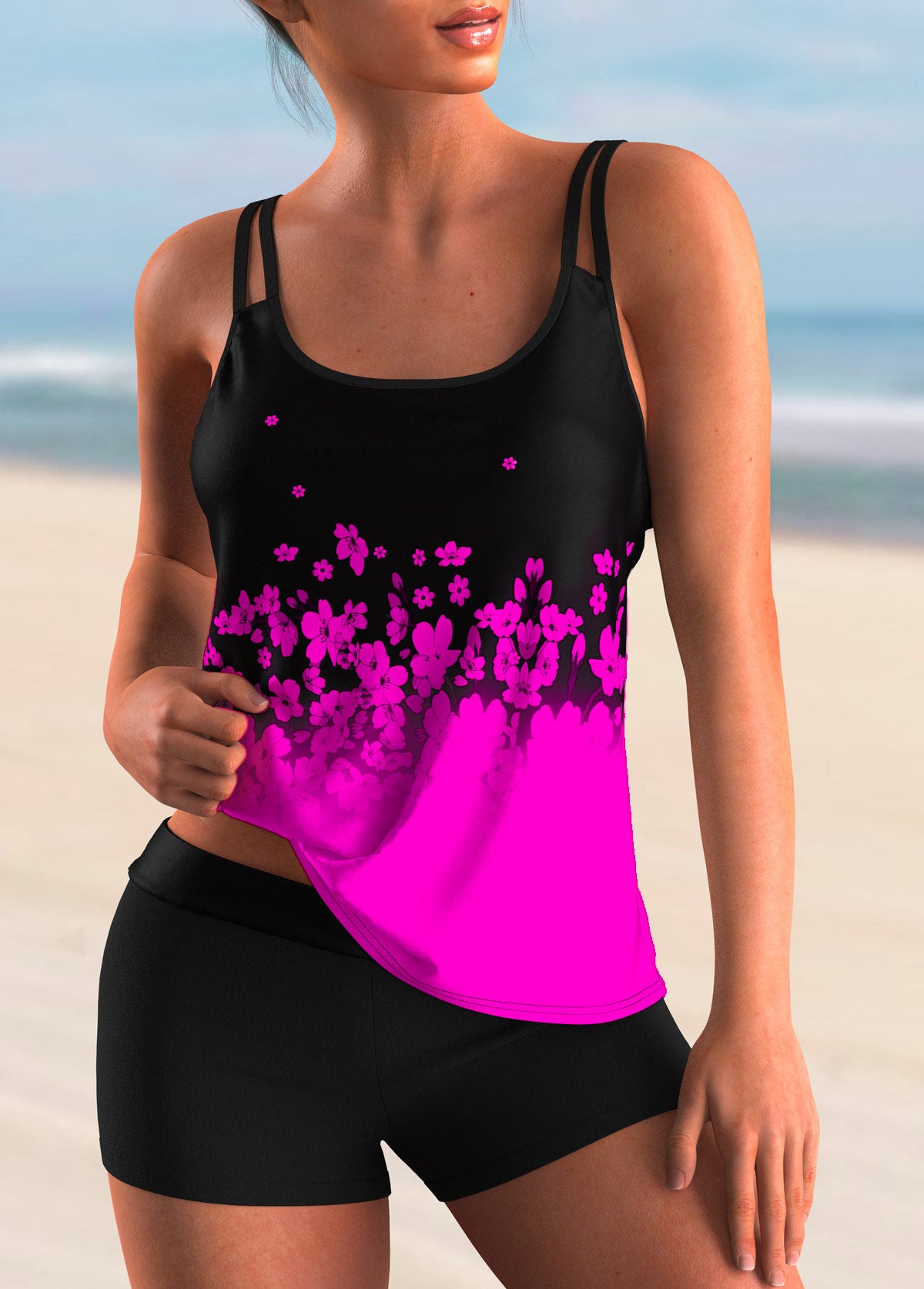 Floral Print Spaghetti Strap Ombre Tankini Set