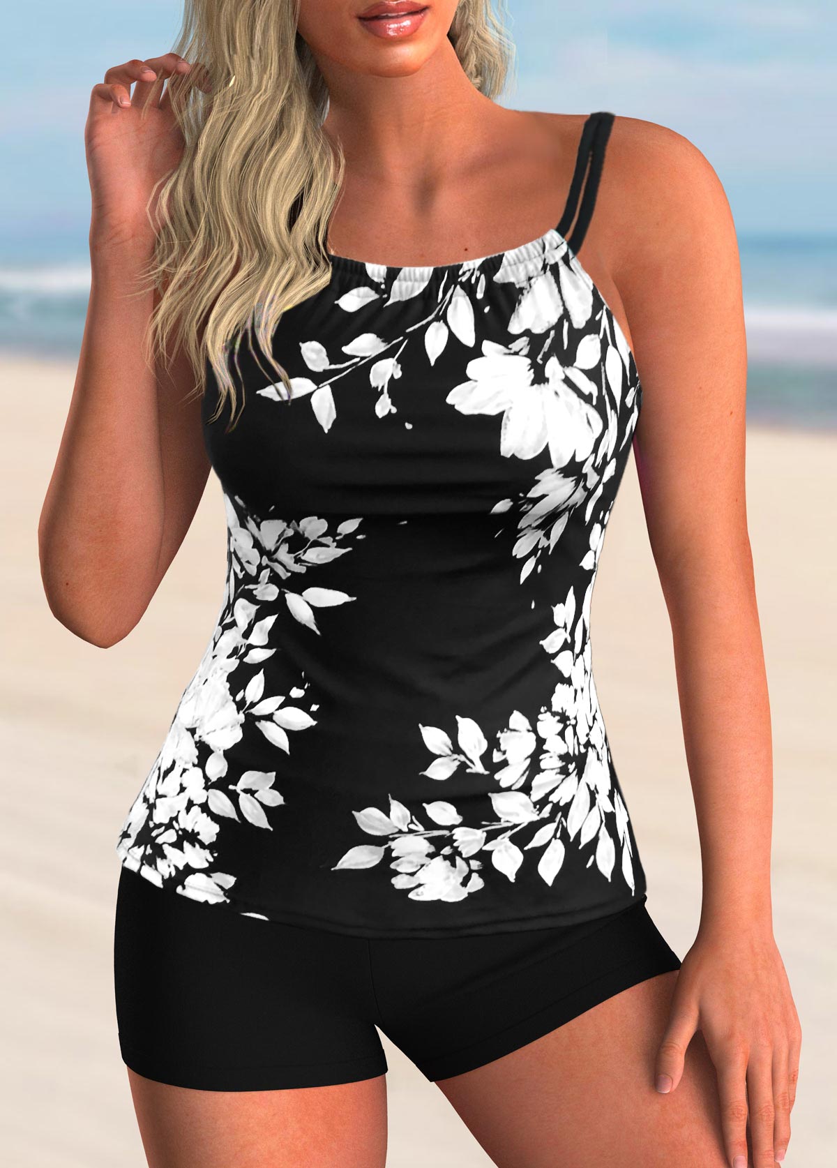 Leaf Print Spaghetti Strap Tankini Set