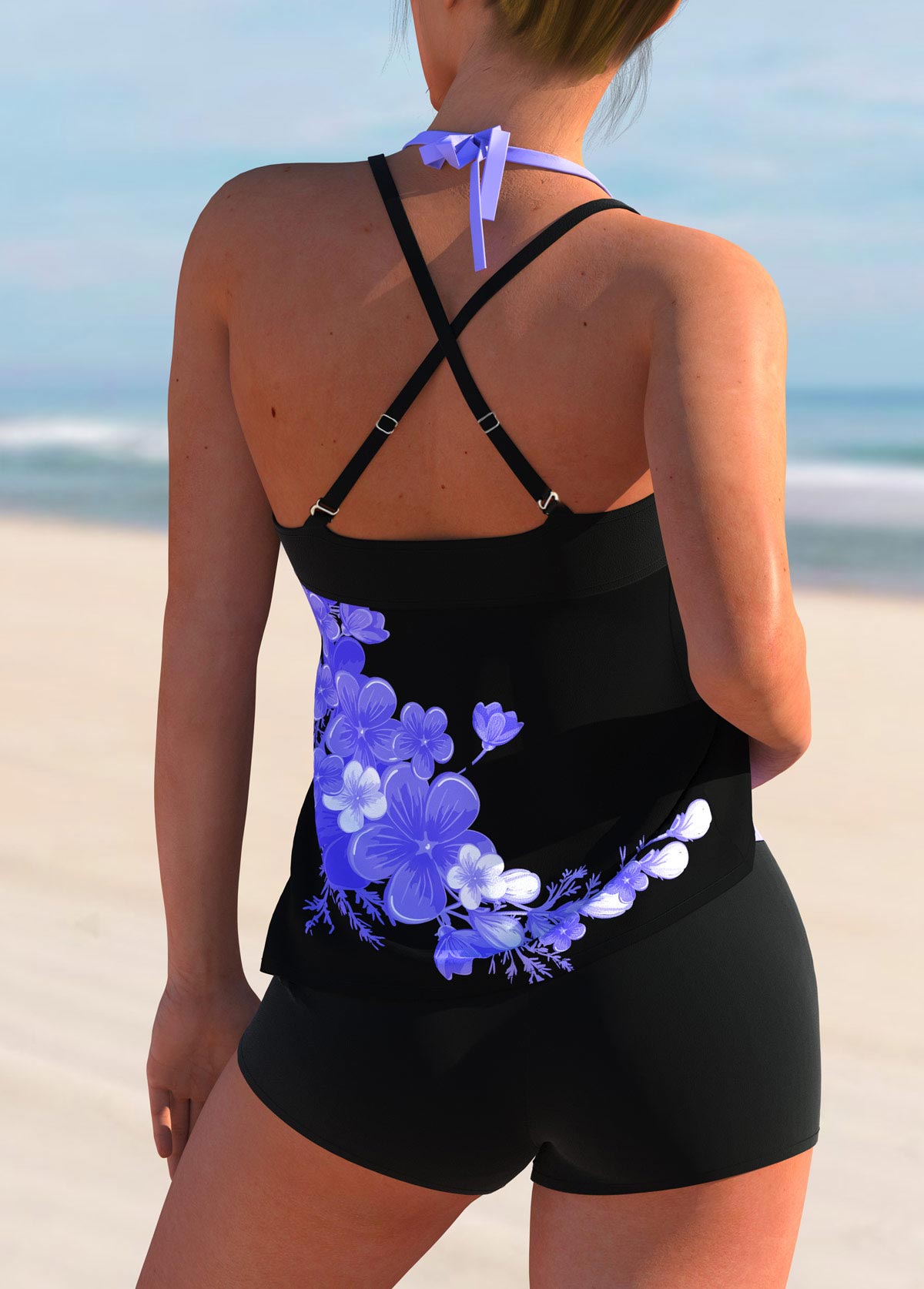 Floral Print Cross Strap Halter Tankini Set