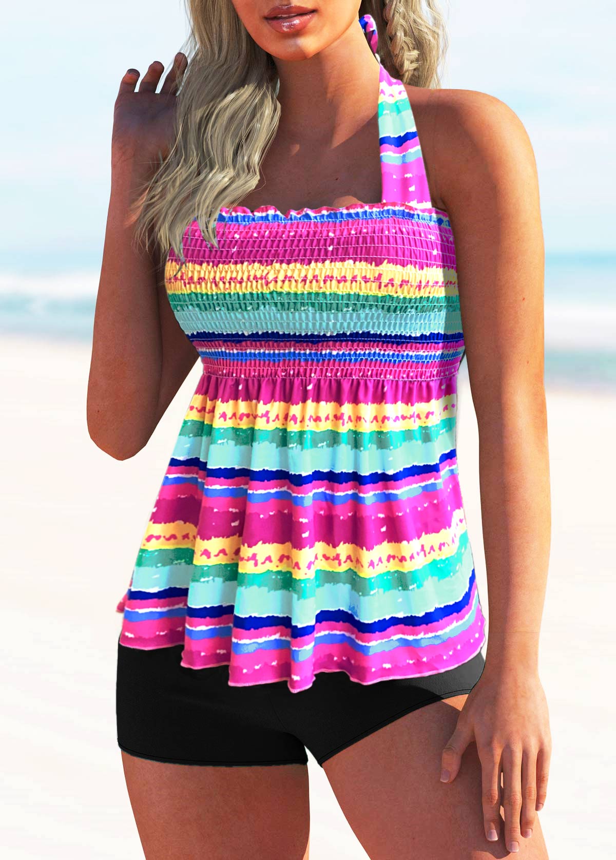 Tie Back Rainbow Stripe Smocked Tankini Set