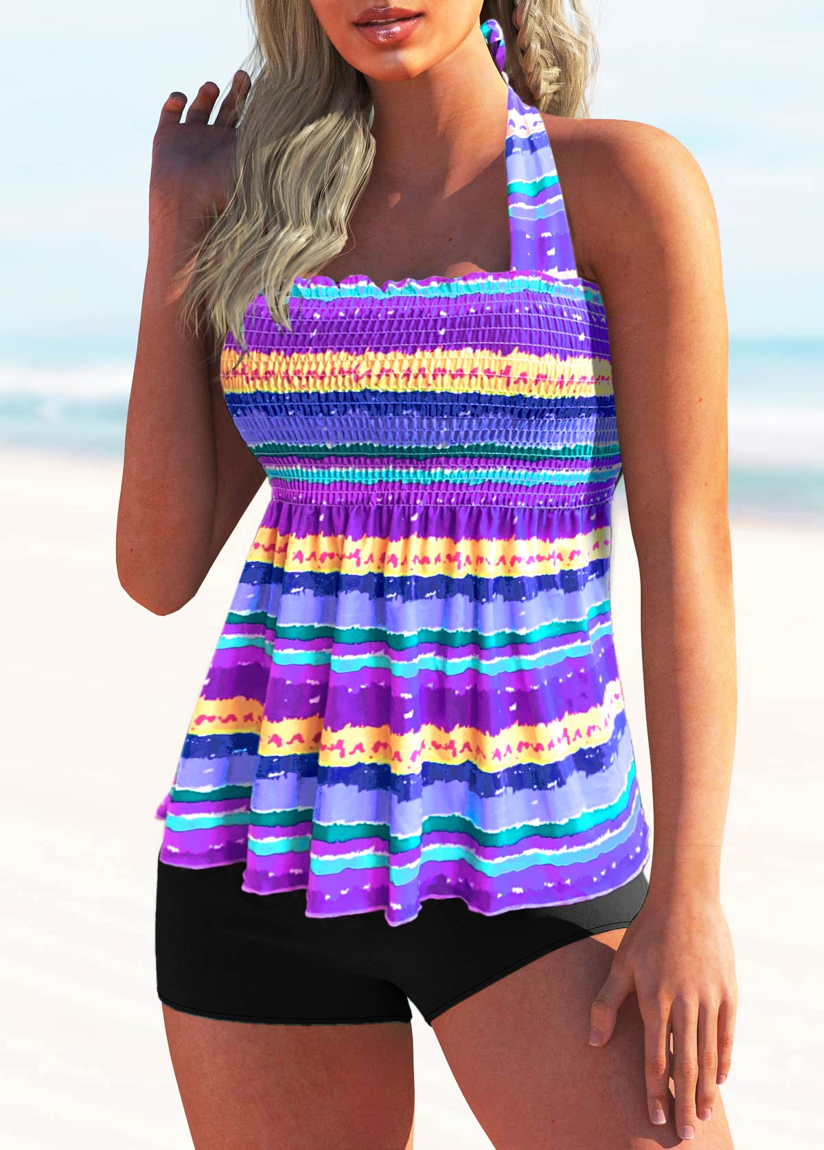 Tie Back Rainbow Stripe Smocked Tankini Set