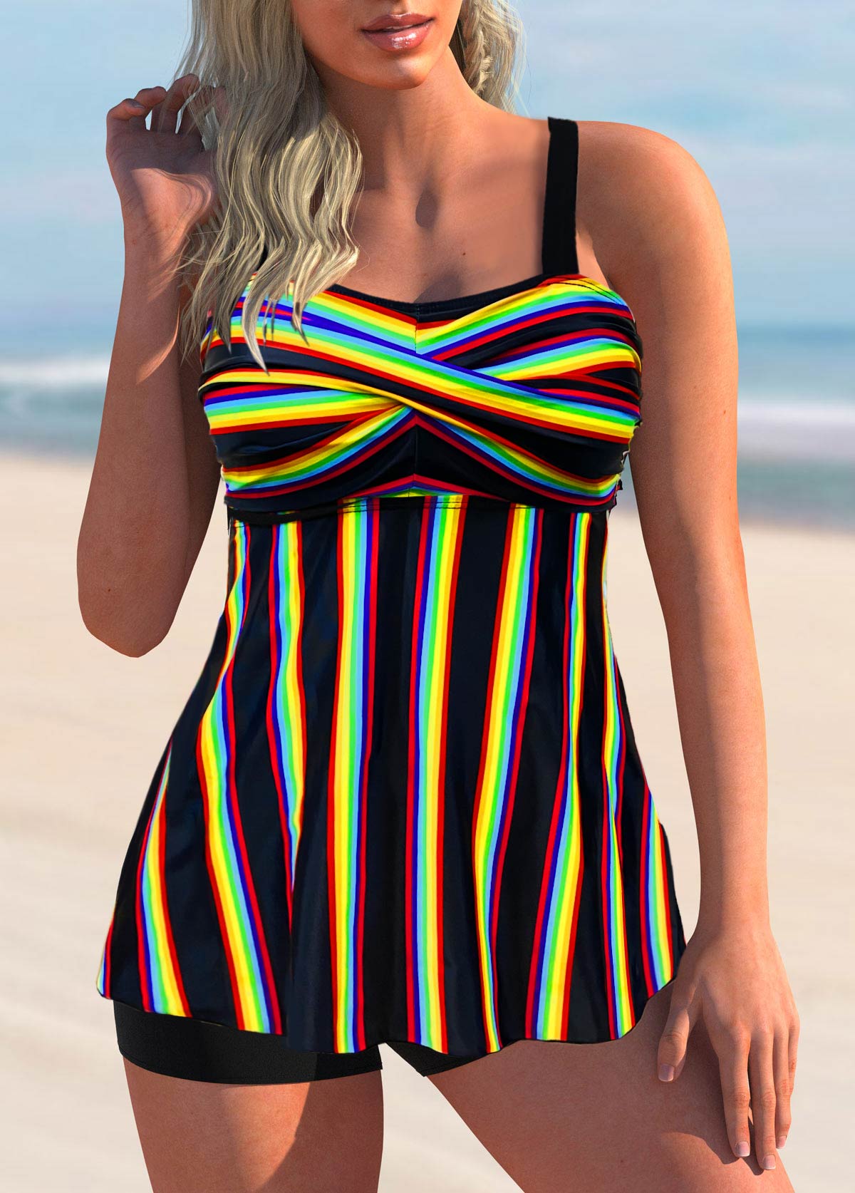 Rainbow Stripe Spaghetti Strap Cross Front Tankini Set