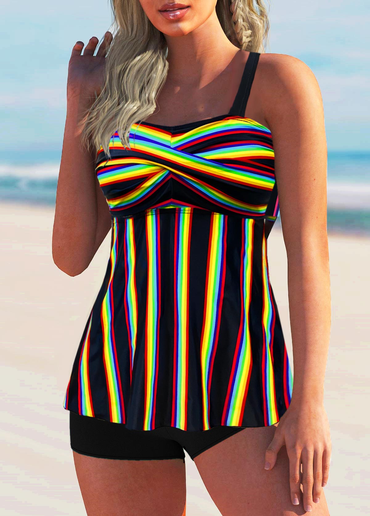 Rainbow Stripe Spaghetti Strap Cross Front Tankini Set