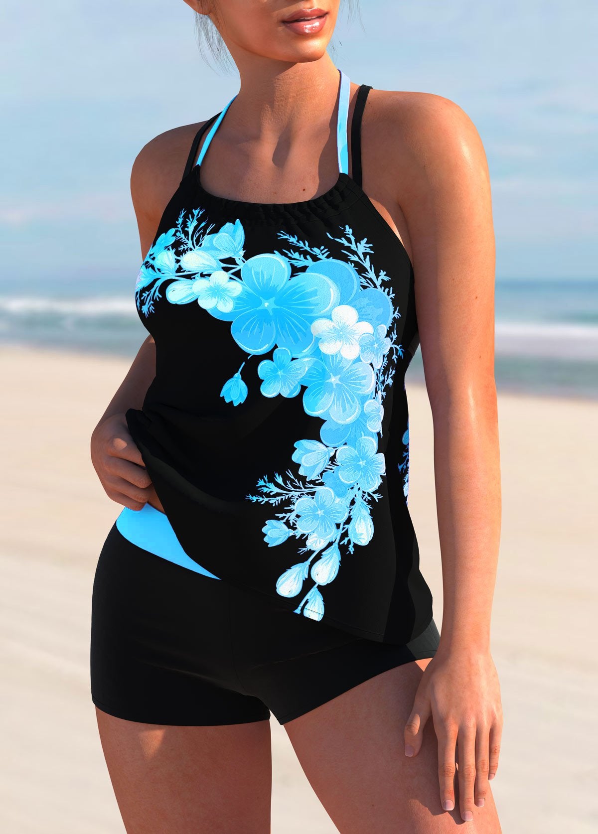 Floral Print Cross Strap Halter Tankini Set