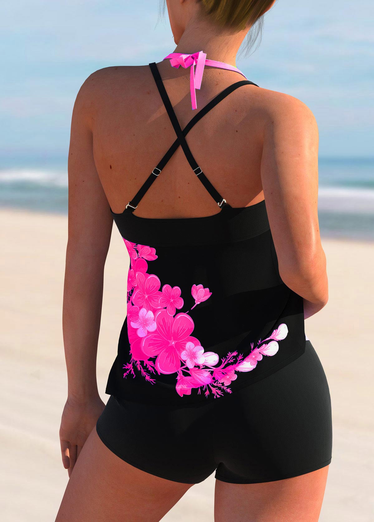 Floral Print Cross Strap Halter Tankini Set