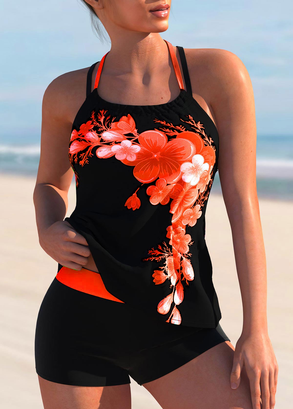 Floral Print Cross Strap Halter Tankini Set