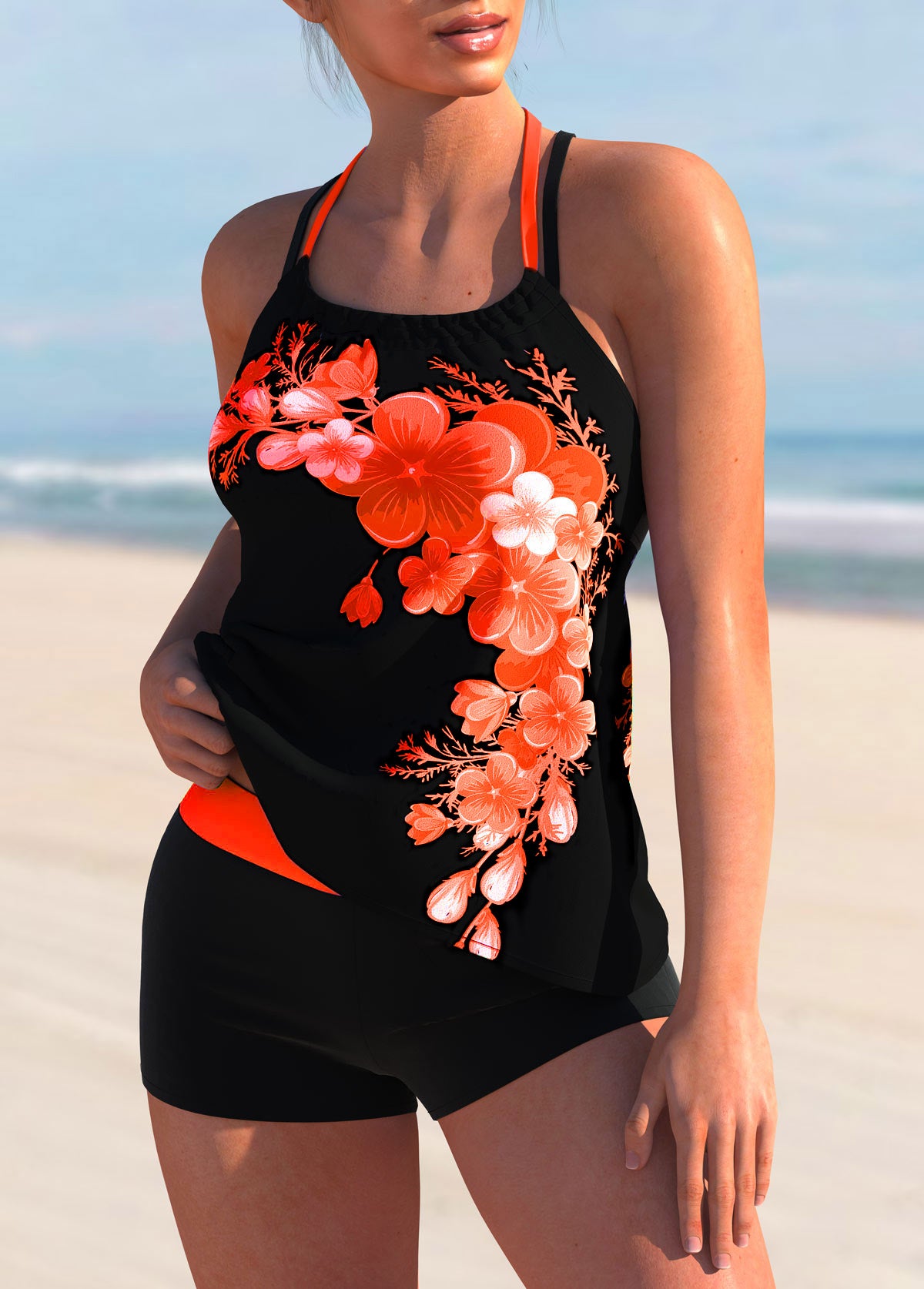 Floral Print Cross Strap Halter Tankini Set