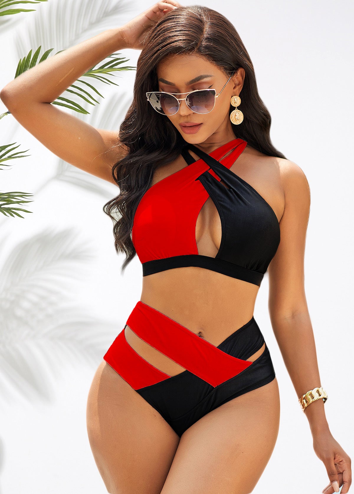 High Waist Contrast Cross Strap Bikini Set