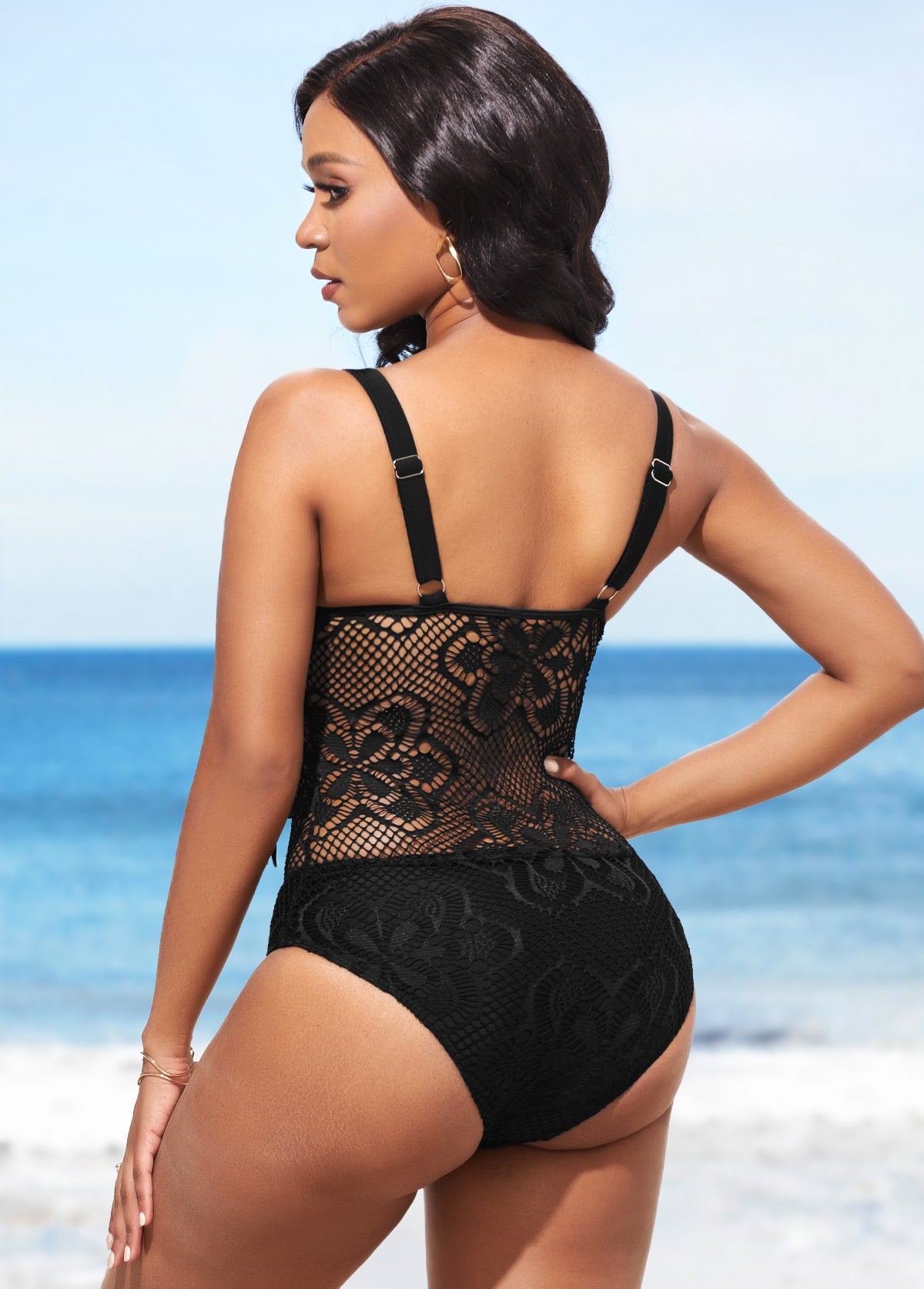 Tassel Lace Patchwork Black One Piece Swimwear