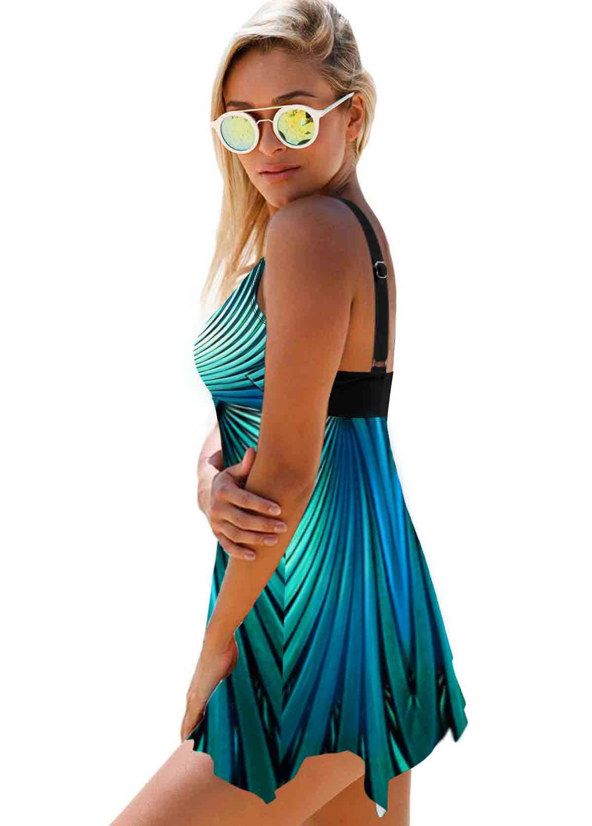 Cyan Radial Print Asymmetric Hem Swimdress