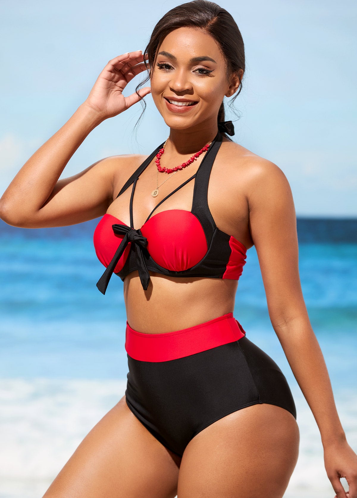 High Waisted Bowknot Color Block Bikini Set