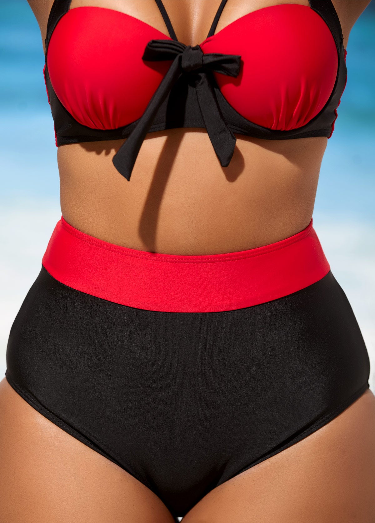 High Waisted Bowknot Color Block Bikini Set