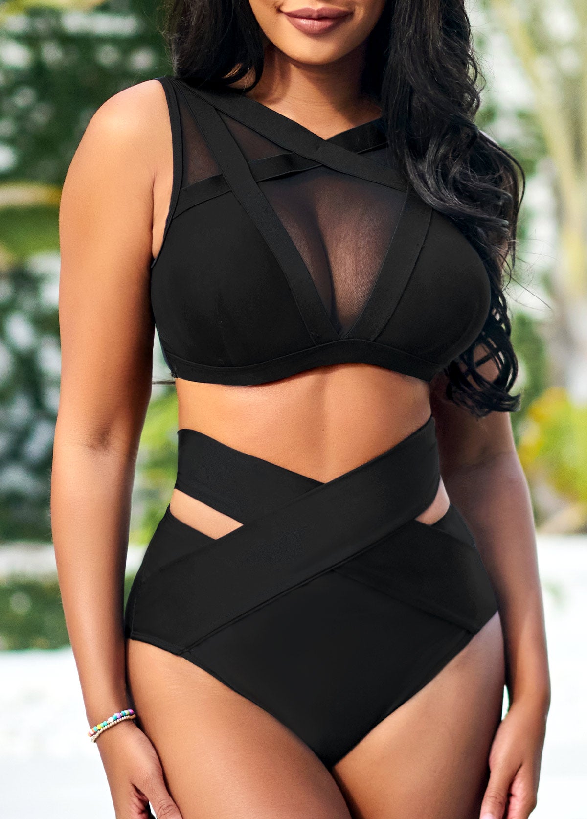 Mesh Stitching Black High Waisted Bikini Set