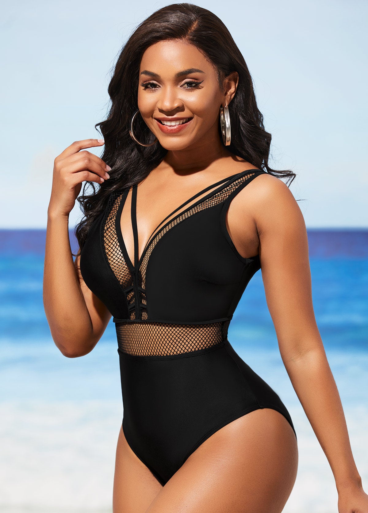 Black Fishnet Panel Sheer One Piece Swimwear