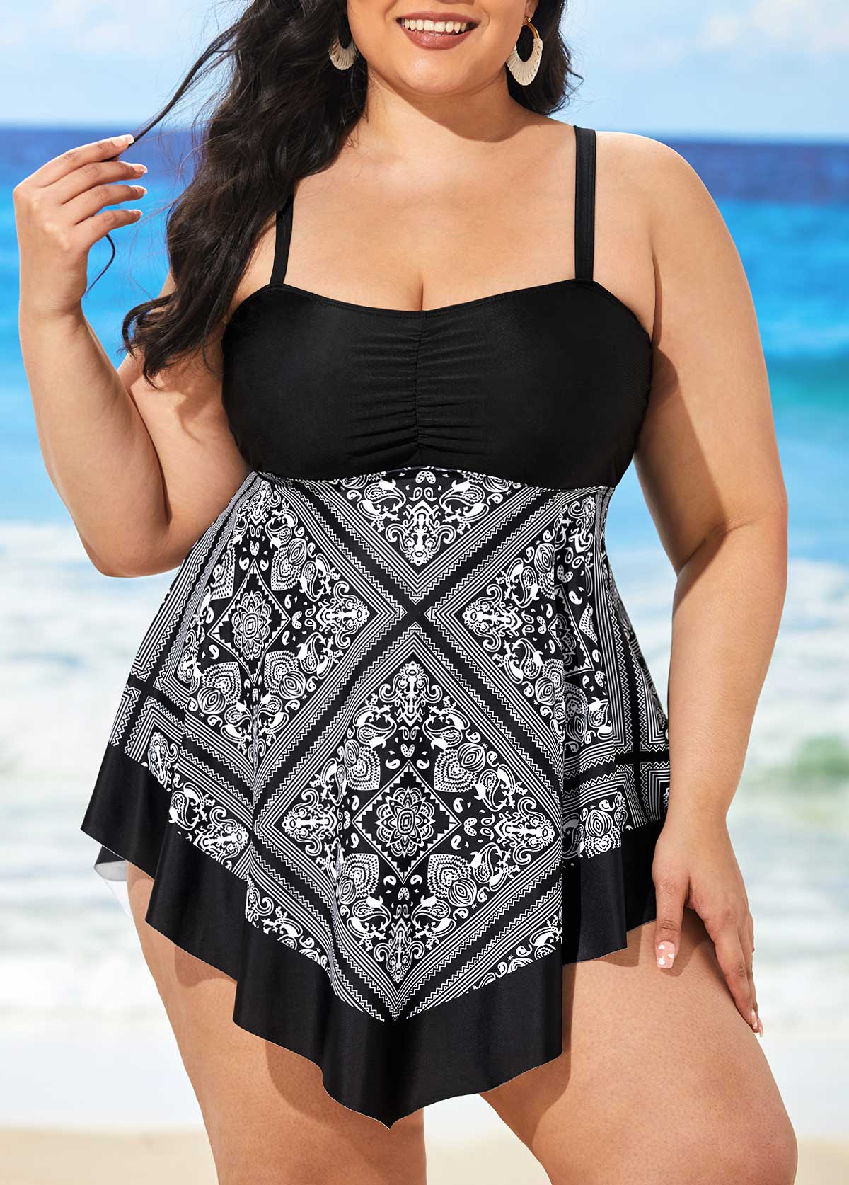 Black Tribal Print Swimdress and Shorts