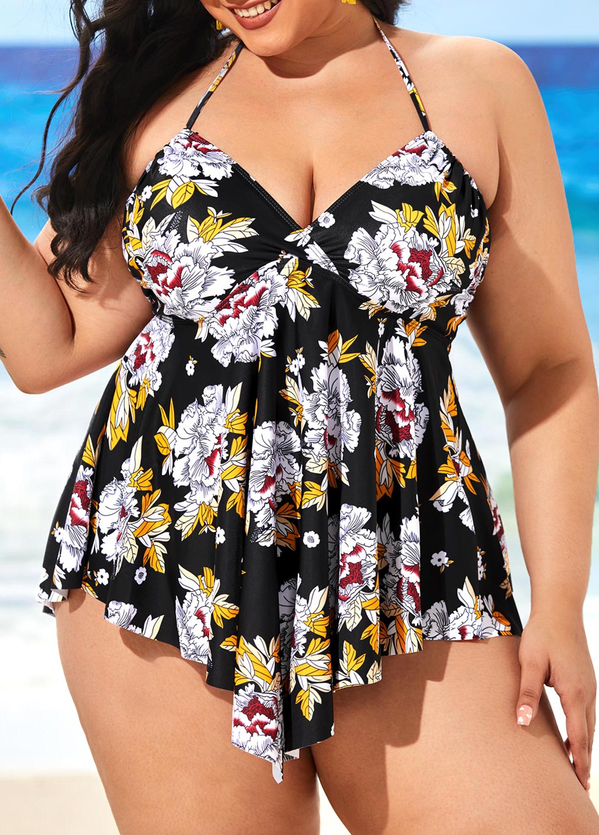 Asymmetric Hem Floral Print Swimdress and Panty