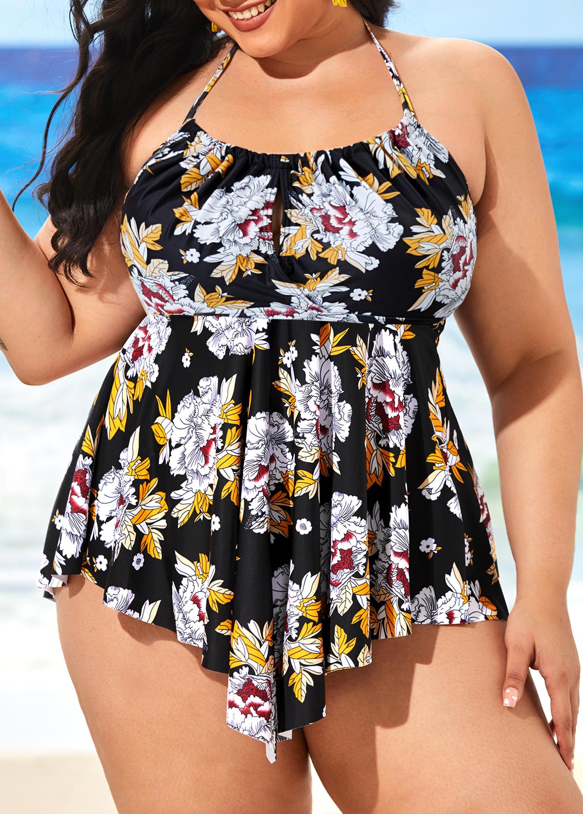 Asymmetric Hem Floral Print Swimdress and Panty