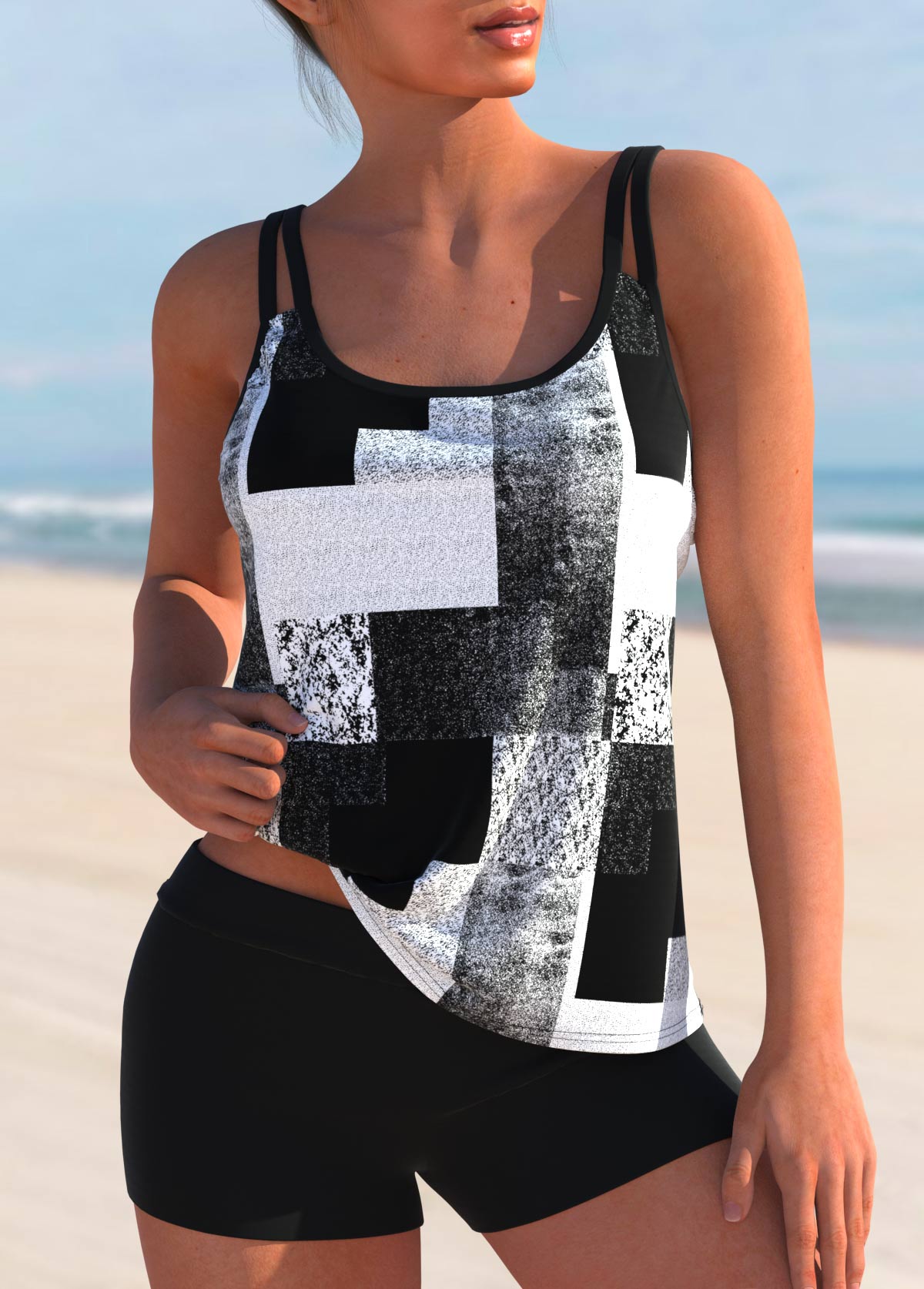 Double Straps Geometric Print Tankini Top