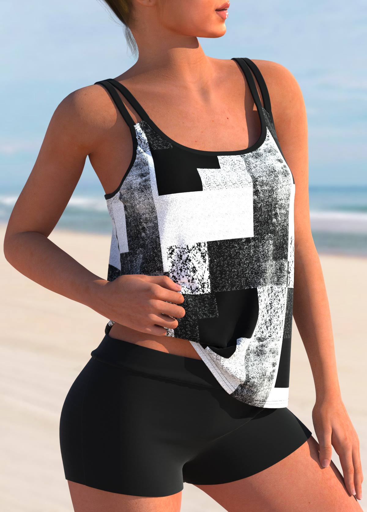 Double Straps Geometric Print Tankini Top