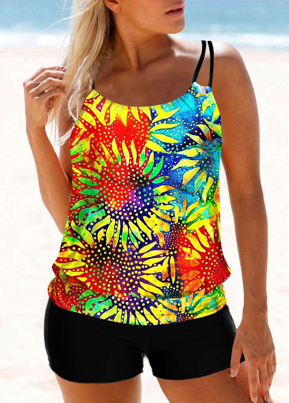 Multi Color Sunflower and Tie Dye Print Tankini Top