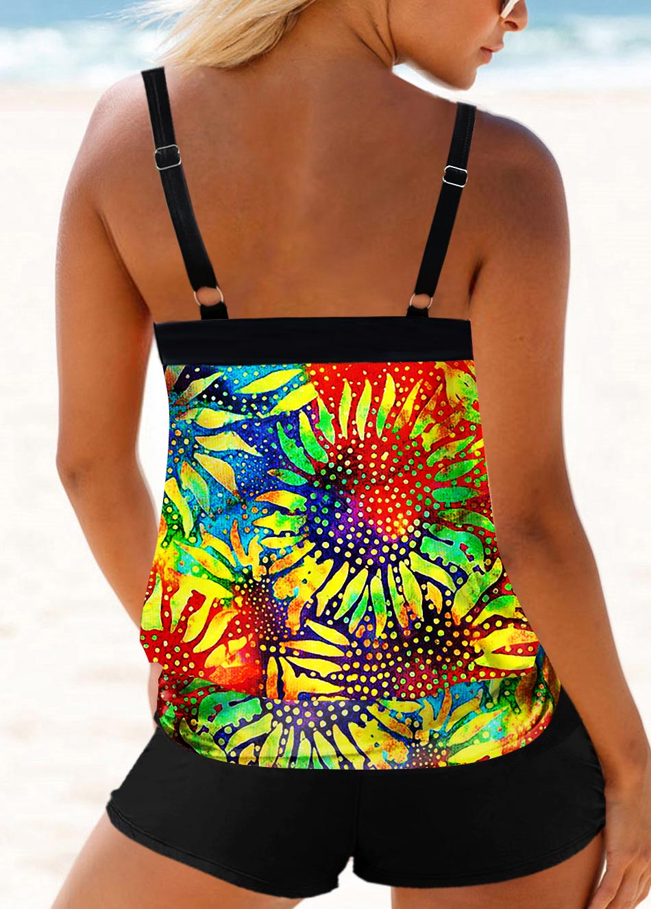 Multi Color Sunflower and Tie Dye Print Tankini Top